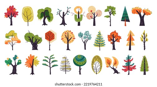 Simple spruce trees, hand drawn forest icons. Summer shrub, spring pine, vegetation bush, larch foliage, exact fir wood, oak acorn. Botanical colorful objects in doodle style. Vector icon set