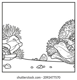 Simple square background with the anemones, stones and corals linear drawing for coloring on a white 