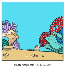 Einfache quadratische Hintergrundfarbe mit Anemonen, Steinen und Korallen, Farbvariationen zum Färben auf Weiß