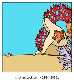 Simple square background with the stones, starfish and corals color variation for coloring page