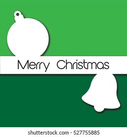 Simple square Christmas Card design in green and white,  with tree decorations of bauble and bell in minimal line style with shadow. EPS10 vector format. 