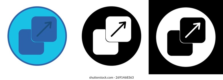 Icono de expansión cuadrada simple con una flecha hacia arriba a la derecha, que simboliza el desarrollo y el crecimiento digital. Perfecto para interfaces App, paneles de tecnología, análisis de datos y gráficos de progreso empresarial