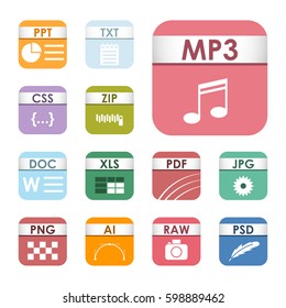 Simple square file types formats labels icon set presentation document symbol and audio extension graphic multimedia sign vector illustration.