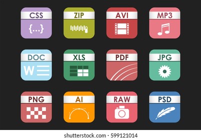 Simple square file types formats labels icon set presentation document symbol and audio extension graphic multimedia sign vector illustration.