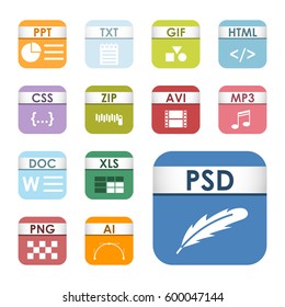 Simple square file types formats labels icon set presentation document symbol and audio extension graphic multimedia sign vector illustration.