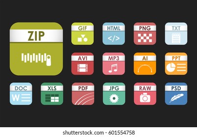 Simple square file types formats labels icon set presentation document symbol and audio extension graphic multimedia sign vector illustration.