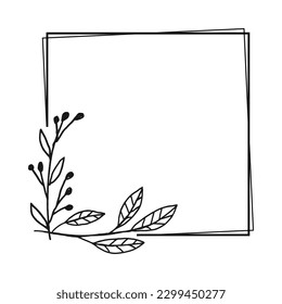 Simple square floral frame border with a corner of hand drawn plants for a wedding or engagement or greeting card isolated on white background