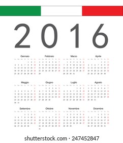 Simple square italian 2016 year vector calendar. Week starts from Monday.