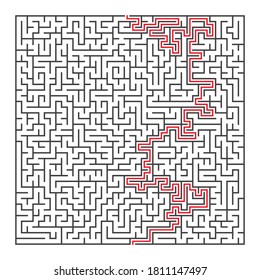 Simple square maze. Education logic game labyrinth for kids. Find right way. Isolated simple square maze black line on white background. With the solution. Vector illustration.