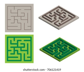 A Simple Square Maze With One Entrance, Thin Brown Or Thick Green Hedge Walls, In Isometric And Top View, Isolated Vector On White Background