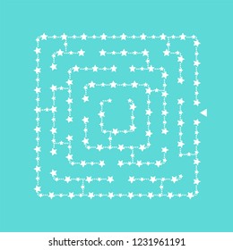 Simple square maze - starry sky. Game for kids. Puzzle for children. One entrance, one exit. Labyrinth conundrum. Flat vector illustration isolated on turquoise background. With place for your image