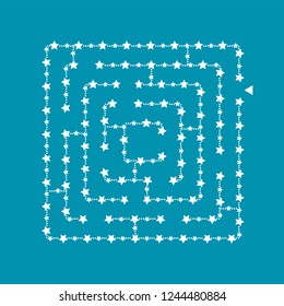 Simple square maze - starry sky. Game for kids. Puzzle for children. One entrance, one exit. Labyrinth conundrum. Flat vector illustration isolated on turquoise background. With place for your image