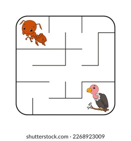 Simple square maze for toddlers. With cute cartoon characters. Isolated on white background. Vector illustration.