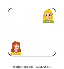 Simple square maze for toddlers. With cute cartoon characters. Isolated on white background. Vector illustration.
