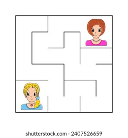 Simple square maze for toddlers. With cute cartoon characters. Isolated on white background. Vector illustration.