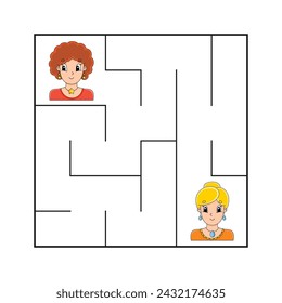 Simple square maze for toddlers. With cute cartoon characters. Isolated on white background. Vector illustration.