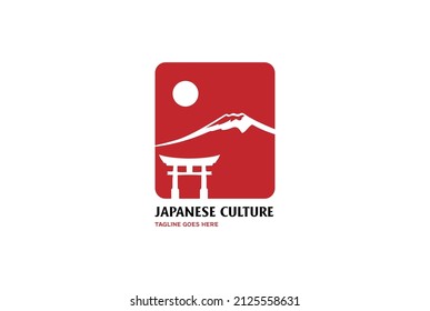 Simple Square with Sun Torii Gate and Fujiyama Mount for Travel Tourism Logo Design Vector