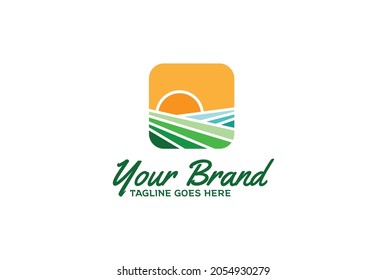 Simple Square Sunrise Land Landscape for Farm or Environment Logo Design Vector