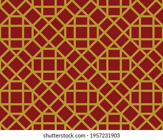 Simple squares repeating pattern in a thick gold outline on a deep red scarlet background, geometric vector illustration