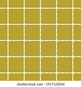 Simple squares repeating regular grid pattern in rough-edged white outline against gold colored background, vector illustration