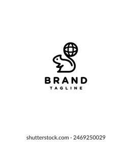 Simple Squirrel And Globe Line Silhouette Logo Design. Fun World Tailed Squirrel Logo Design.