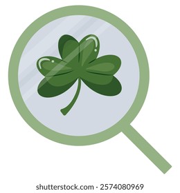 simple st patrick's day magnifier icon with shamrock in the middle of the badge icon for a variety of designs, posters or banners