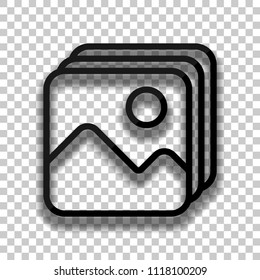 Simple stack of pictures. Black glass icon with soft shadow on transparent background