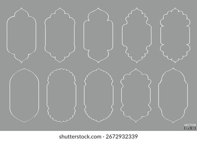 Los marcos geométricos simples del arco árabe inoxidable se aíslan en el fondo gris. Bordes islámicos árabes metálicos plateados de lujo para invitaciones, Plantillas y patrones decorativos. Ilustración vectorial 3D.