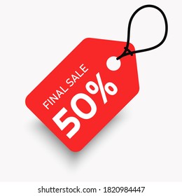 Sencilla etiqueta roja estándar 50% de descuento con cuerda para tienda, tienda y negocios. Plantilla de diseño de etiqueta de venta.