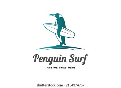 Simple Standing Penguin Mascot Character Cartoon hold Surf Board for Beach Surf Sport Club Competition Logo Design Vector