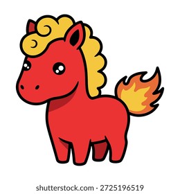 Simples perfil de pé de mascote de cavalo de fogo com cauda de chama amarela e corpo vermelho.