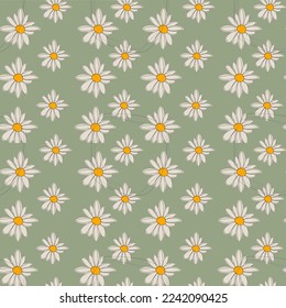 Simple standing seamless pattern with daisies. On a dark green background