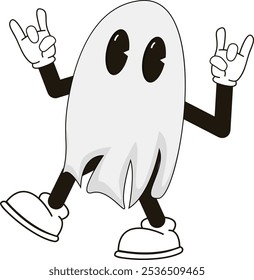 simple standing vintage ghost halloween mascot illustration with funny pose and expression