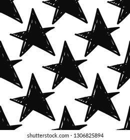 Simple star. Hand drawn black seamless pattern on white background. Marker brush, pen illustration. Doodling scribble ornament background.