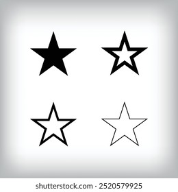 Conjunto de iconos de estrella simple. 4 Diferentes diseños de espesor y estrella plana. Icono de calificación y éxito.