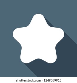 Simple star icon, sign of rating or rank. White flat icon with long shadow on blue background