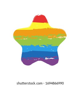 Simple star icon, sign of rating or rank. Drawing sign with LGBT style, seven colors of rainbow (red, orange, yellow, green, blue, indigo, violet