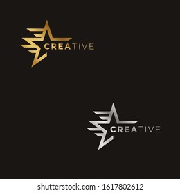 Simple Star logo icon template. Modern Gold Silver Vector Design isolated on black background. Suitable for business, finance.