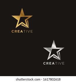 Simple Star logo icon template. Modern Gold Silver Vector Design isolated on black background. Suitable for business, finance.
