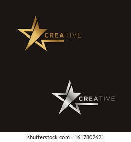 Simple Star logo icon template. Modern Gold Silver Vector Design isolated on black background. Suitable for business, finance.