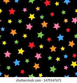 A simple star pattern. Black background, colored stars. The print is well suited for textiles,banners,Wallpaper and packaging.