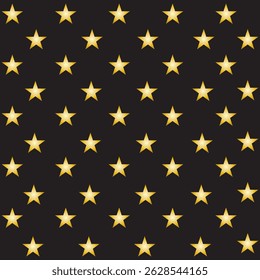 A simple star pattern. Black background, golden stars. The print is well suited for texture and banners. Stars random seamless pattern vector. 