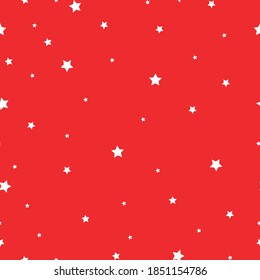 Simple star pattern. Small white stars. Red background. Vector texture. Bright holiday print for packaging and textiles.