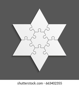 Simple star puzzle six piece round business presentation. Circle star outline puzzle infograph. 6 Step contour process diagram. Section line compare puzzle banner.