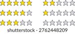 Simple star rating icons from zero to five. Pixel art style vector set for feedback systems and interface design.