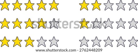 Simple star rating icons from zero to five. Pixel art style vector set for feedback systems and interface design.