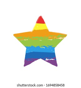 Simple star, rating symbol. Drawing sign with LGBT style, seven colors of rainbow (red, orange, yellow, green, blue, indigo, violet