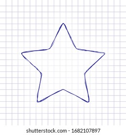 Simple star, rating symbol. Hand drawn picture on paper sheet. Blue ink, outline sketch style. Doodle on checkered background