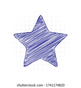 Simple star, rating symbol. Hand drawn sketched picture with scribble fill. Blue ink. Doodle on white background