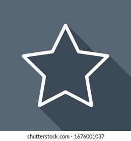 Simple star, rating symbol, outline design. White flat icon with long shadow on blue background